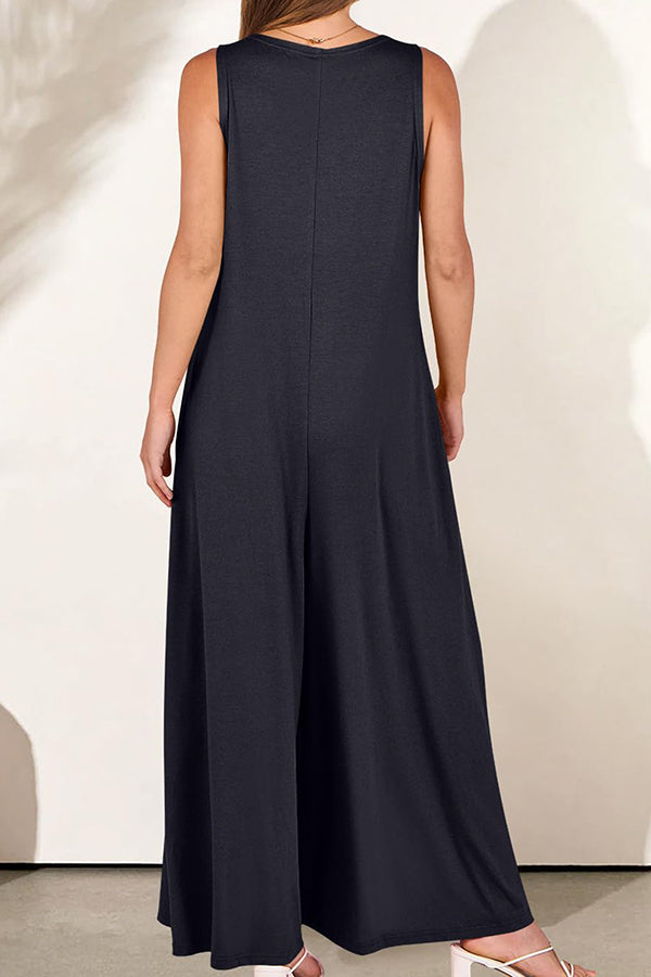 Color V-neck Sleeveless Loose Pocket Wide-leg Jumpsuit