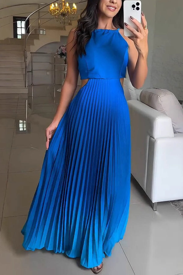 Fashionable Backless Tie Gradient Pleated Maxi Dress