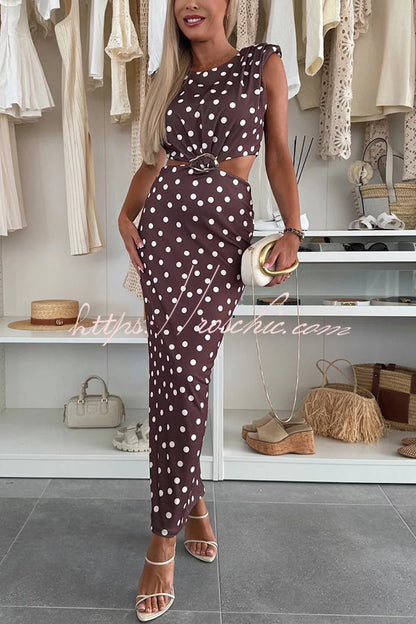 Roxane Polka Dot Print Shoulder Pad Metal Cutout Waist Slit Stretch Maxi Dress