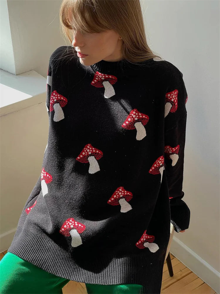 Black Printed Sweater Pullover Knit Long Sleeve Loose Contrast Autumn Female Pullover Knitwear