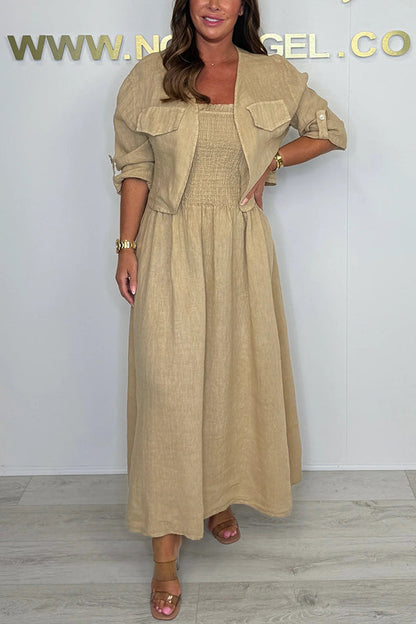 Color Short Jacket and Suspender Pleated Maxi Dress Set
