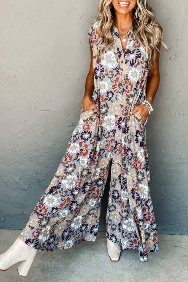 Sky Blue Sleeveless Pocketed Wide Leg Jumpsuit