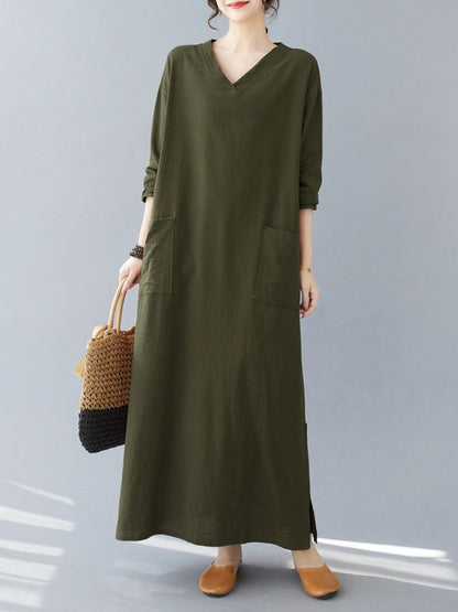 A-line Long Sleeves Pockets Color Split-side V-neck Maxi Dresses