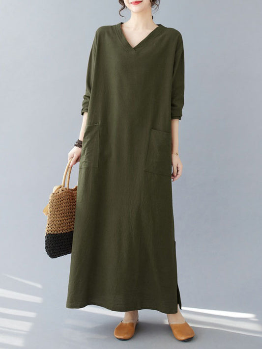 A-line Long Sleeves Pockets Color Split-side V-neck Maxi Dresses