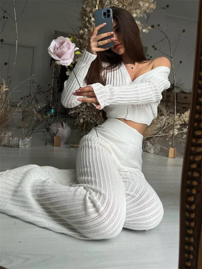 Knitted Sweater Outfits Buttons See-through Long Sleeve High Waist Knit Two Piece Trousers Outfits