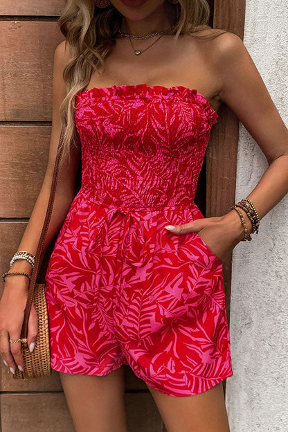 Plant Print Tube Top Lace-up Pleated Rompers