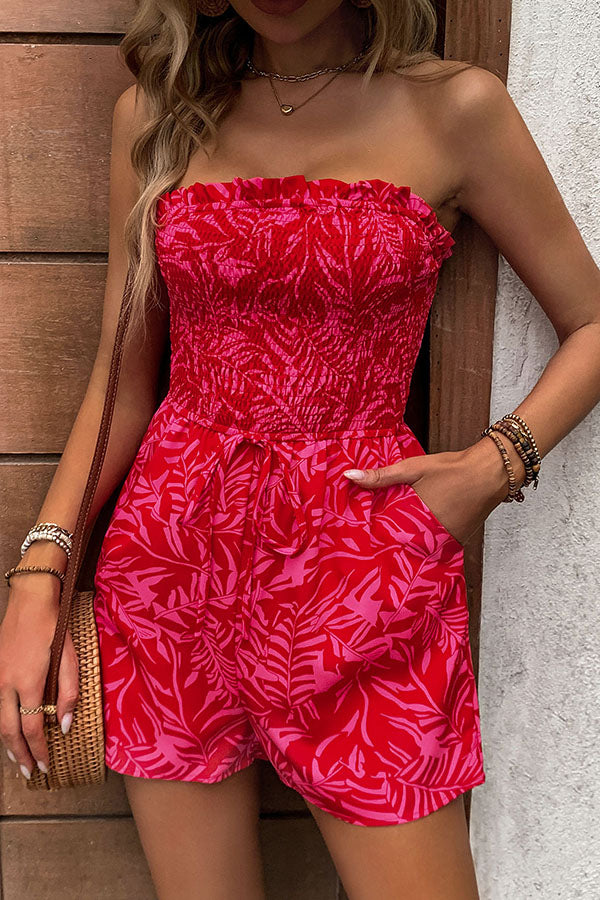 Plant Print Tube Top Lace-up Pleated Rompers