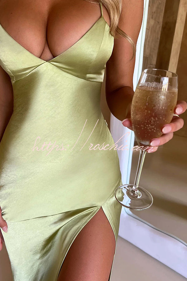 Satin Color Backless Lace Up High Slit Maxi Dress