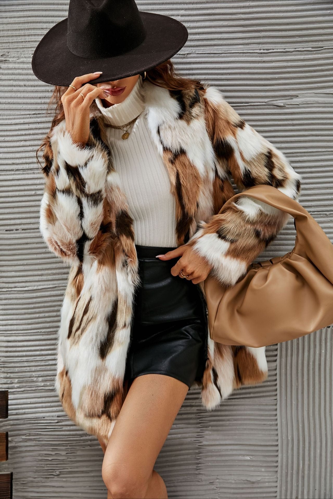 Mid-length Faux Fur Shawl Collar Fluffy Winter Coat