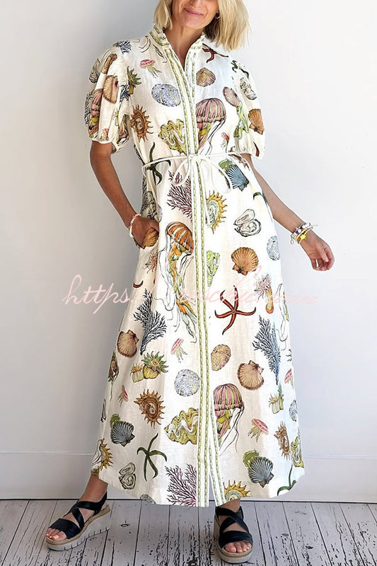 Beach Shell Print Puff Sleeve Tie-waist Midi Dress