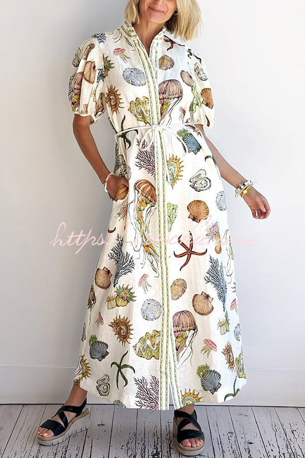 Beach Shell Print Puff Sleeve Tie-waist Midi Dress