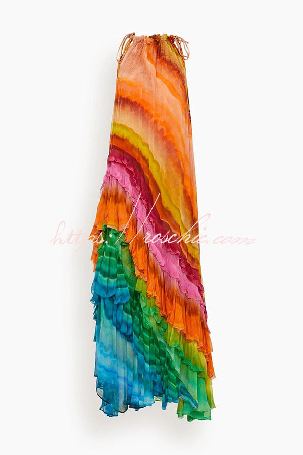 Rosha Georgette Crepe Tie-dye Print Layered Ruffles A-line Maxi Dress