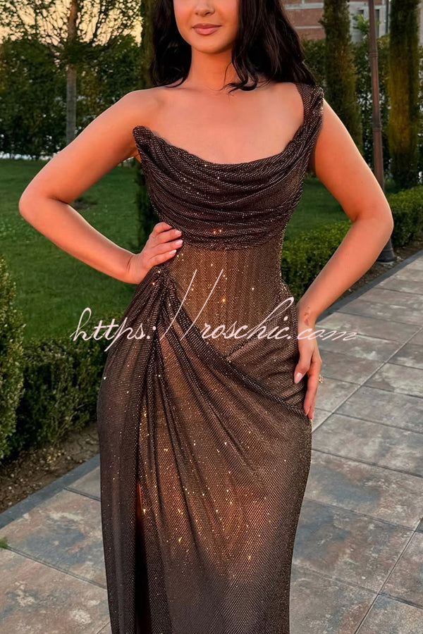 Glitzy Gala Glitter Fabric One Shoulder Ruched Slit Maxi Dress