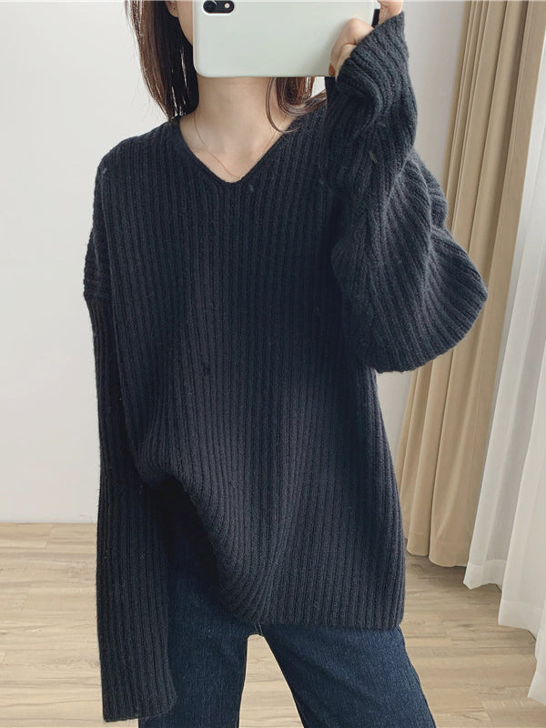 Caramel V-neck Long Sleeves Striped Knit Sweater Qx001