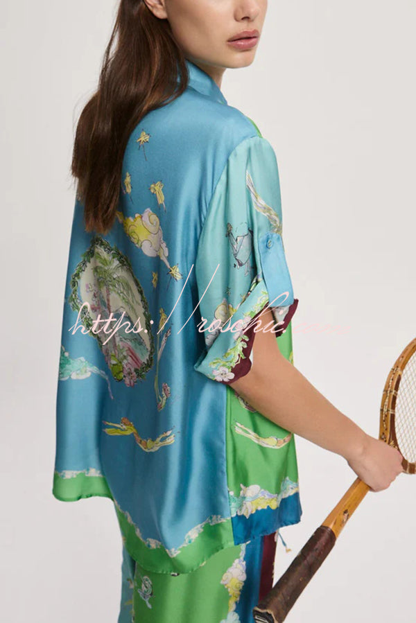 Unique Printed Lapel Short-sleeved Loose Shirt and Elastic Waist Tie Wide-leg Pants Set