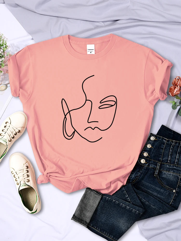 Abstract Simple Stroke Face Prints T-shirts Hip Hop Breathable Short Sleeve Soft Street Tops Female Tee Clothing