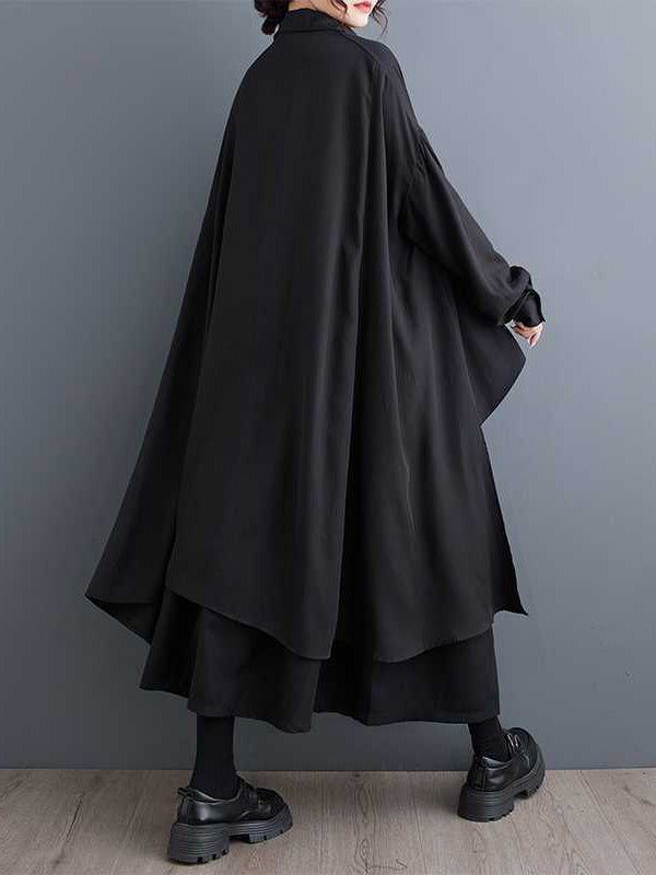 Original Black Lapel Asymmetric Buttoned High-low Hem Long Sleeve Blouse Tw009