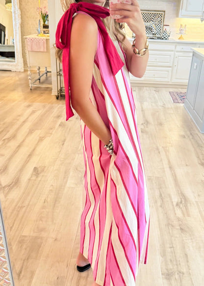 Cream and Pink Stripe Shoulder Tie Maxi Dress