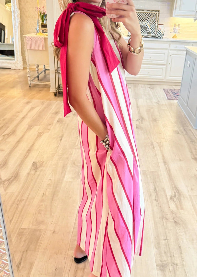 Cream and Pink Stripe Shoulder Tie Maxi Dress