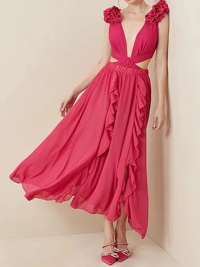 Deep V Red Cutout One Piece Swimsuit and Skirt