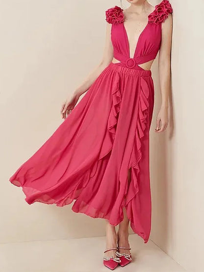 Deep V Red Cutout One Piece Swimsuit and Skirt