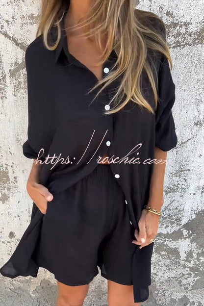 Color Lapel Long Shirt and Elastic Waist Loose Pocket Shorts Set