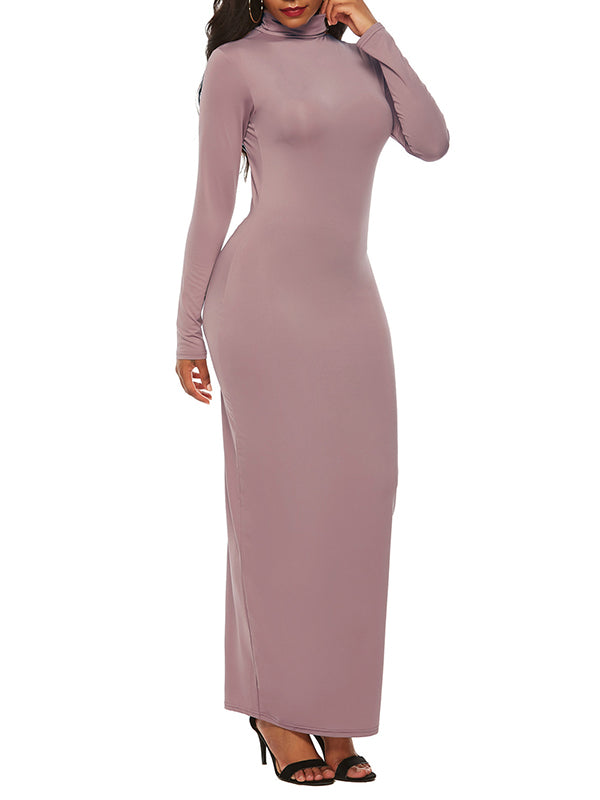 Bodycon Long Sleeves Color High Neck Maxi Dresses