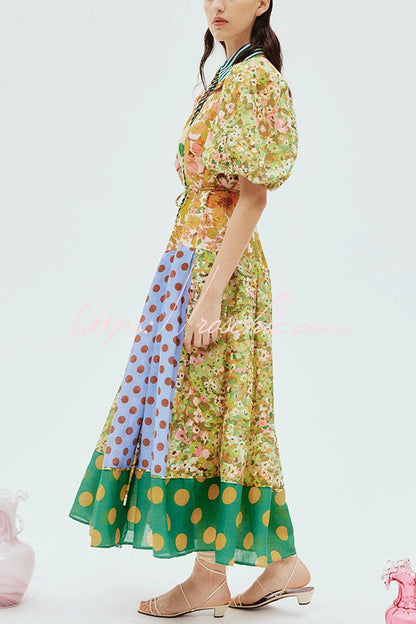 Linen Blend Unique Print Lapel Puff Sleeve Midi Dress