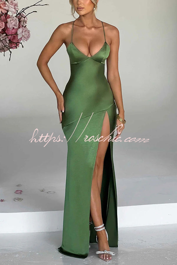 Satin Color Backless Lace Up High Slit Maxi Dress
