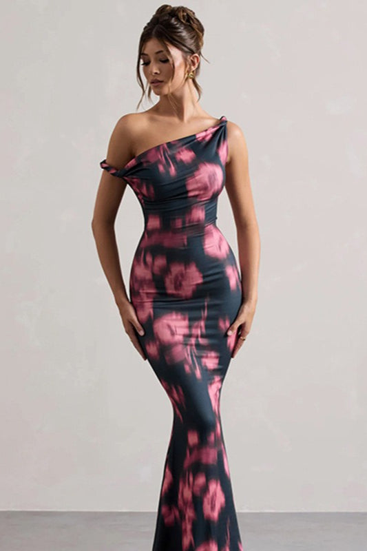 Print One Shoulder Knot Mermaid Maxi Dress