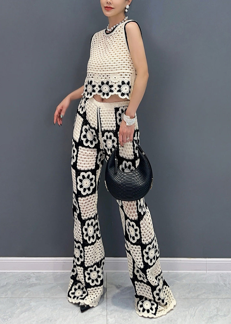 White O Neck Hollow Out Cotton Two-piece Set Sleeveless Ao1017