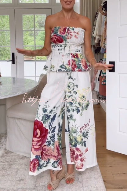 In to the Summer Linen Blend Print Elastic Bandeau and Elastic Waist Pocket Loose Pants Set