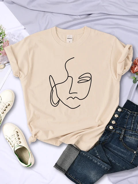 Abstract Simple Stroke Face Prints T-shirts Hip Hop Breathable Short Sleeve Soft Street Tops Female Tee Clothing