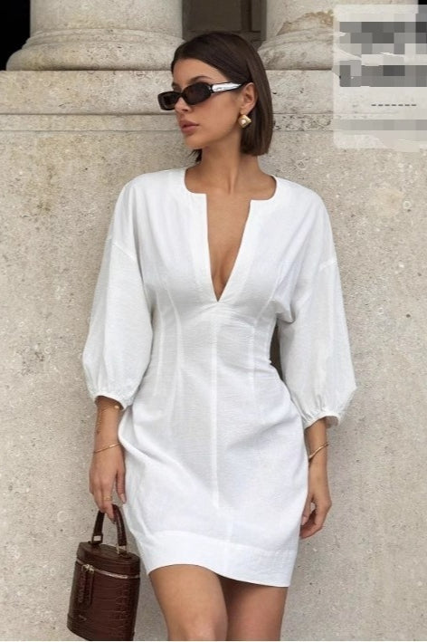 V-neck 3/4 Sleeve Waist Mini Dress