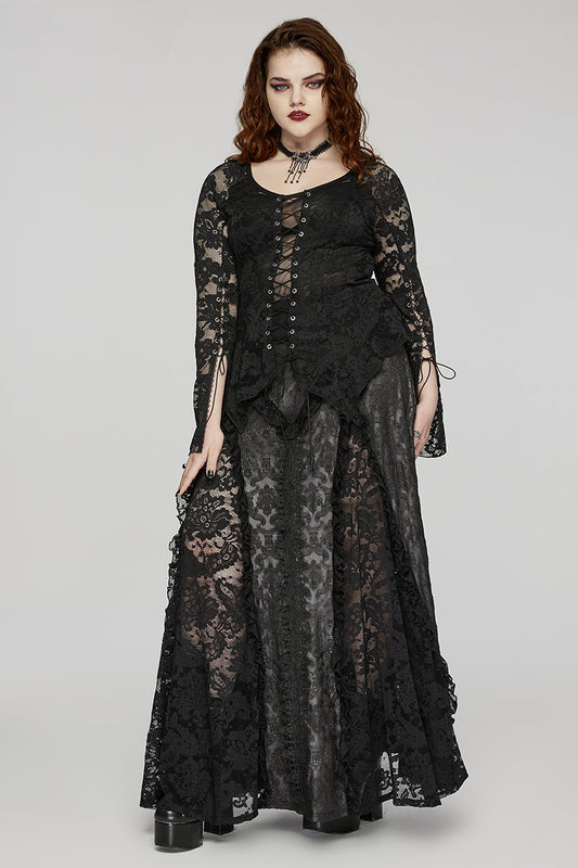 Gothic Charm Dark Pattern Inverted Triangle Lace Splicing Design Mysterious Party Long Skirt