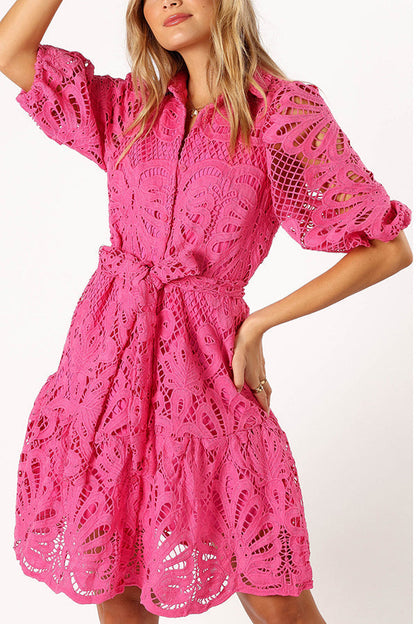 Color Lace Cutout Balloon Sleeves and Waist Tie Mini Dress