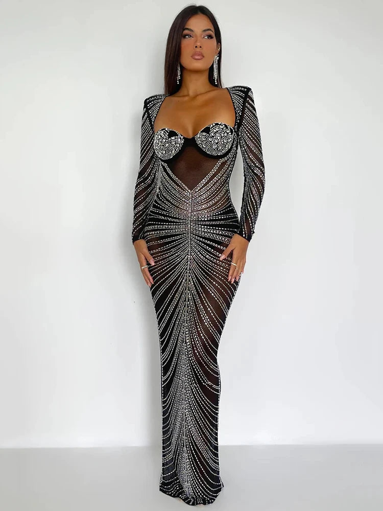 Glitter Mesh See Through Party Maxi Dress for Full Sleeve Bodycon Club Long Evening Dress Vestido