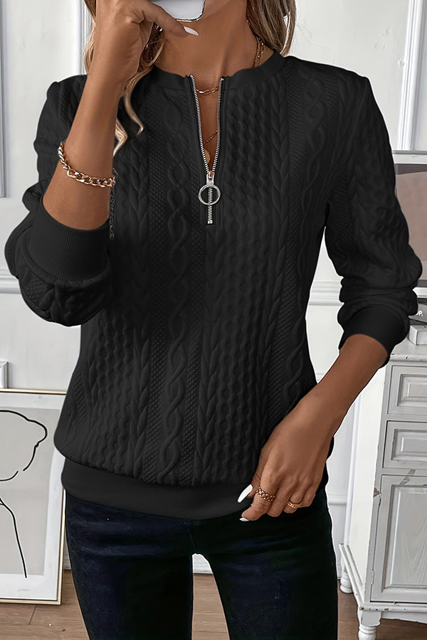 Color Long Sleeve Round Neck Zipper Sweatshirt