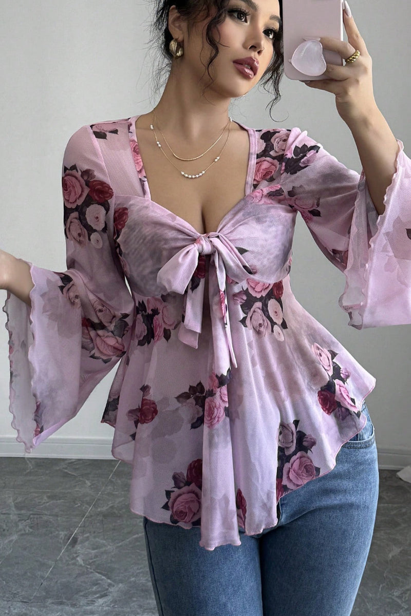 Tie Dye Square Neck Tie Long Sleeve Blouse