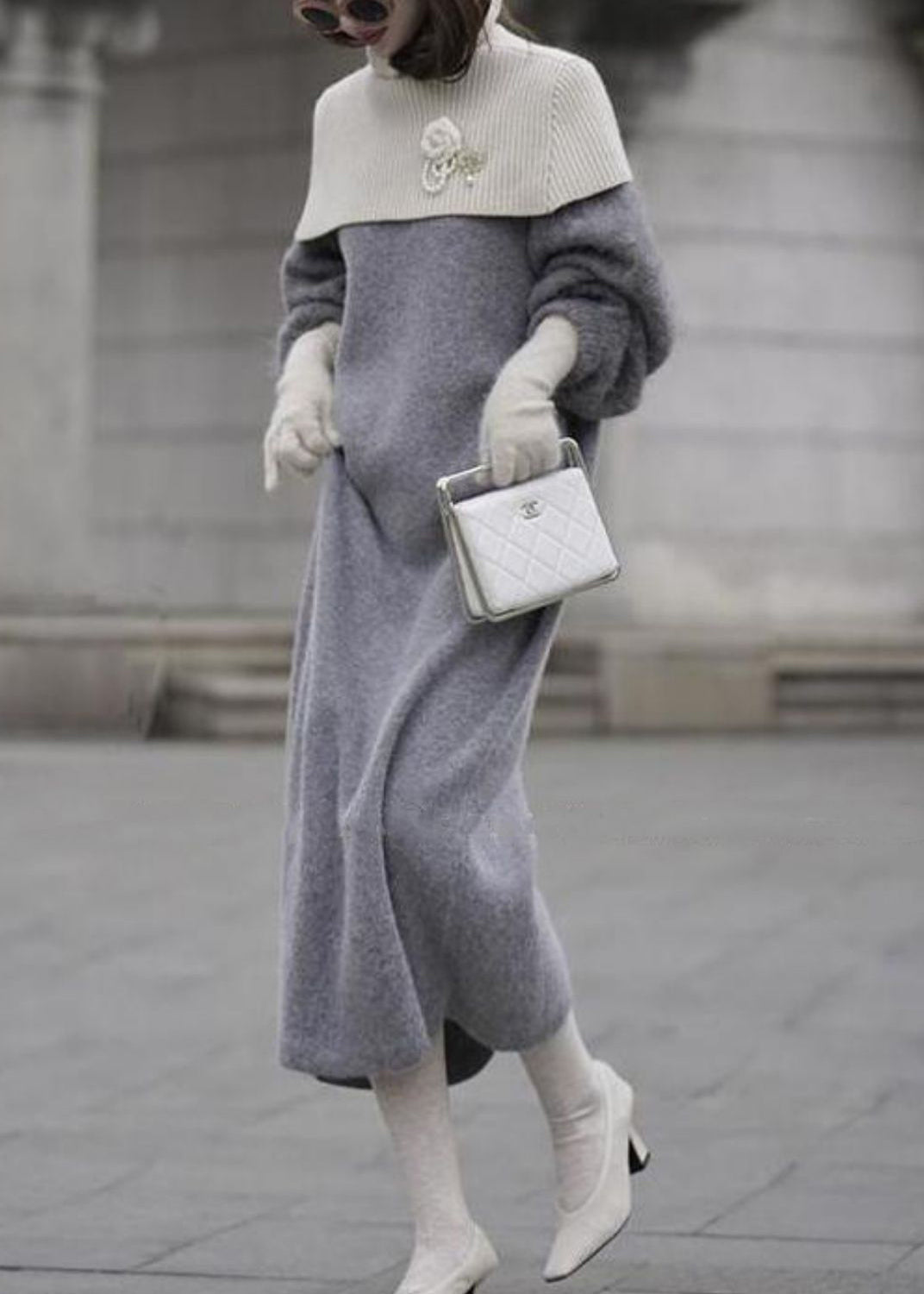 Italian Grey O Neck Woolen Sweater Dress Lantern Sleeve Wv019