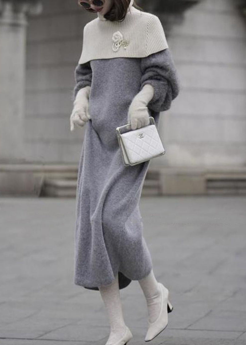 Italian Grey O Neck Woolen Sweater Dress Lantern Sleeve Wv019