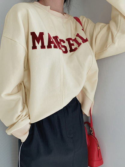 Street Loose Apricot O-neck Letter Print Long Sleeve Sweatshirt Tw003