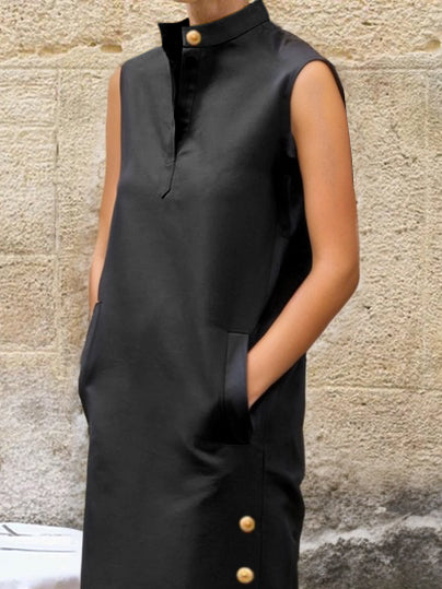 Sleeveless Buttoned Color Split-side Stand Collar Maxi Dresses Shirt Dress