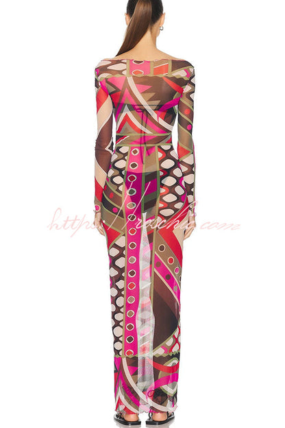 Gypsy Girl Mesh Unique Print Wide Neck Long Sleeve Stretch Maxi Dress