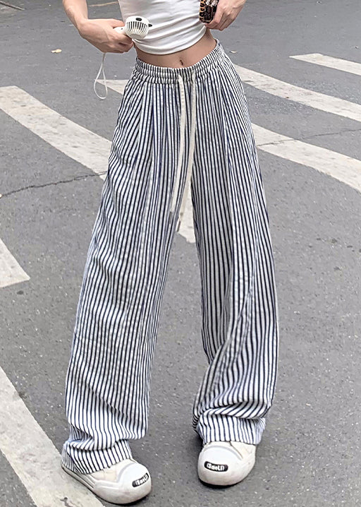 New Blue Striped Pockets Elastic Waist Cotton Pants Summer Nn003