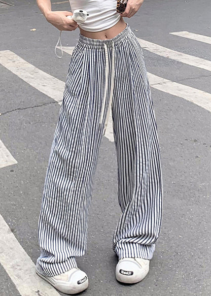 New Blue Striped Pockets Elastic Waist Cotton Pants Summer Nn003