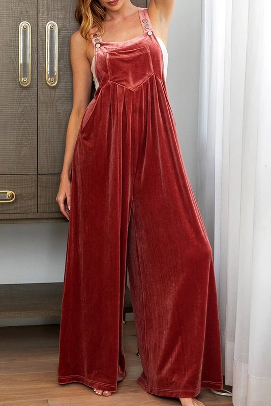 Ruby Color Velvet Pleated Wide Leg Overall