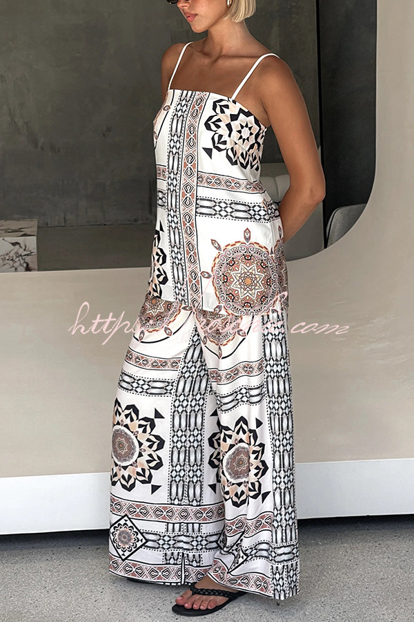 Unique Print Loose Tank Top and Elastic Waist Wide Leg Straight Pants Set