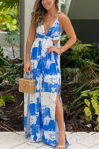 White and Blue Printed Maxi Dress With Cut Outs
