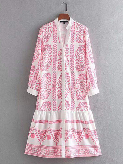 Long Sleeves Loose Leaves Print Printed Stand Collar Midi Dresses